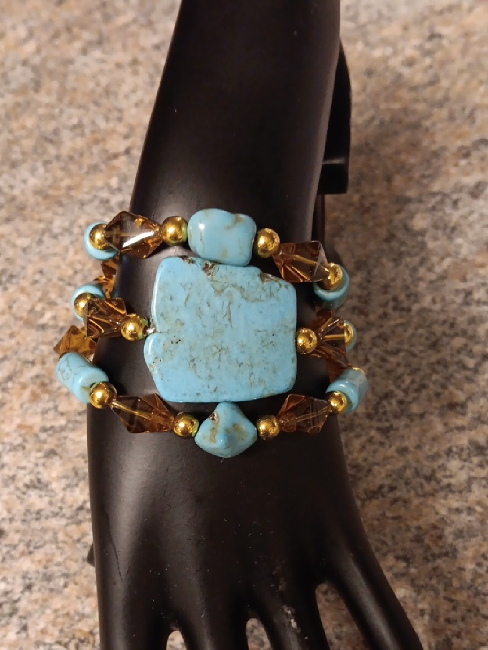 Handmade BEADED THREE TIER TURQUOISE AND Gold GLASS BEADED BRACLET